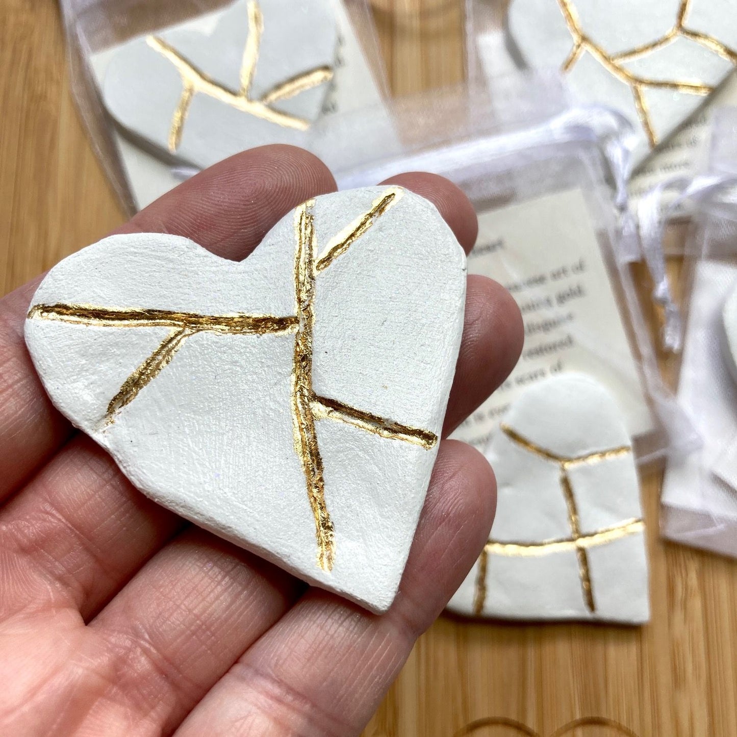 KINTSUGI HEART ORNAMENT OR MAGNET | Air dry clay heart decorated with imitation gold leaf