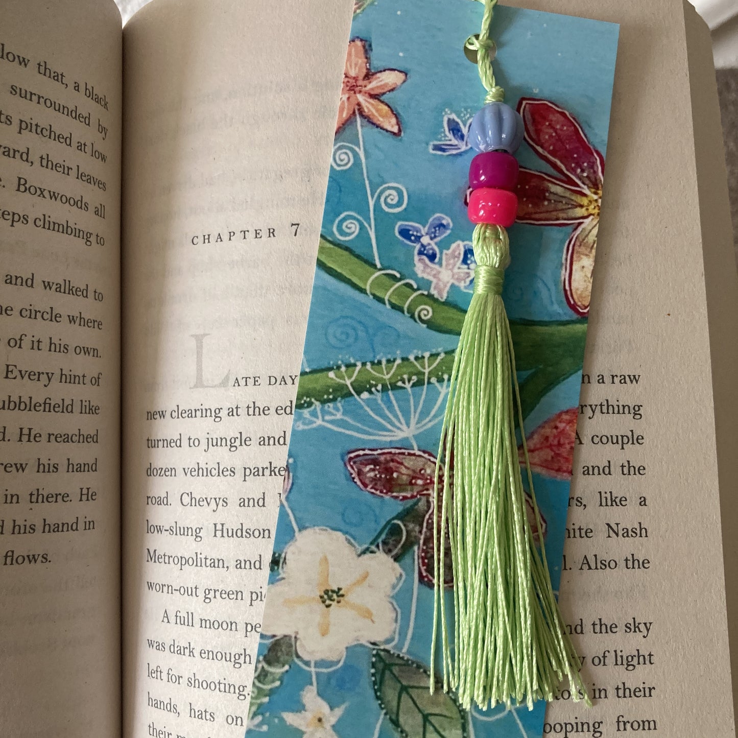 FLORAL BOOKMARK with beaded tassel decoration