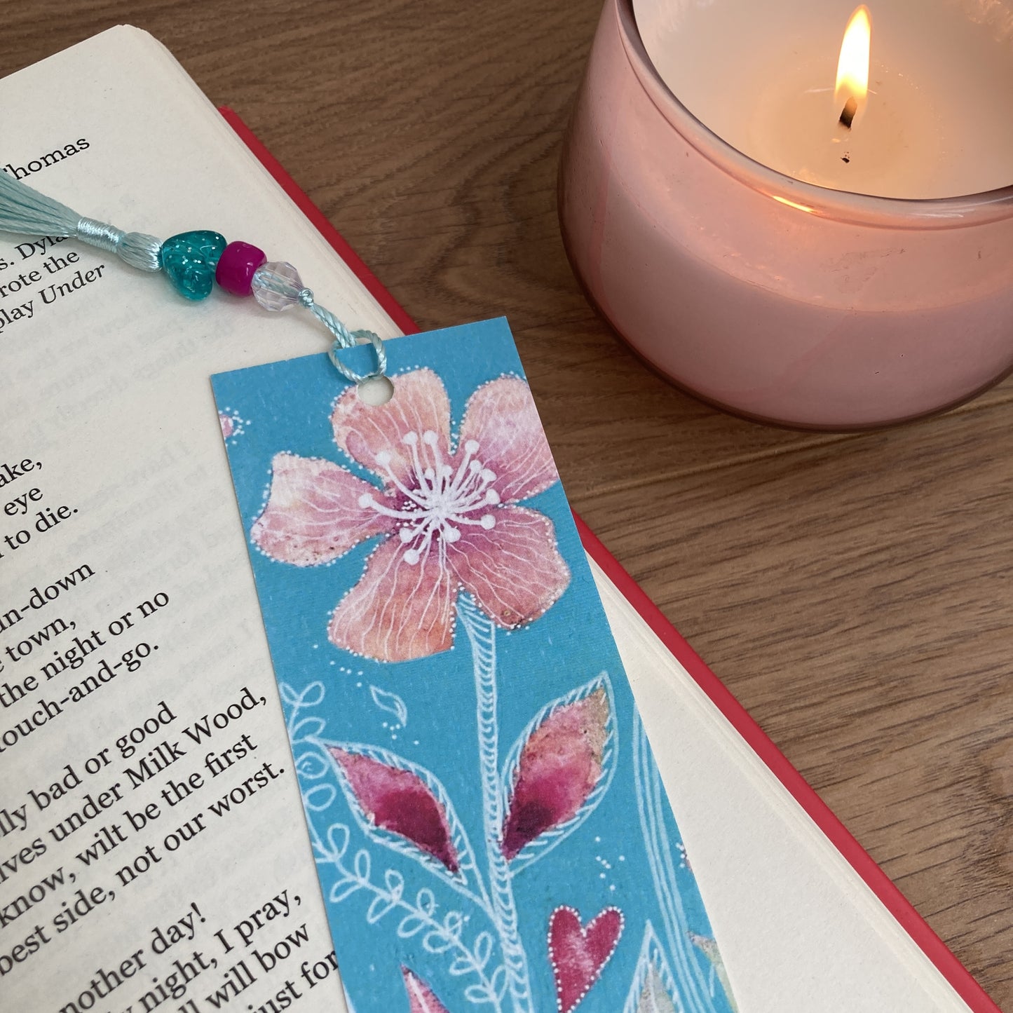 FLORAL BOOKMARK with beaded tassel decoration