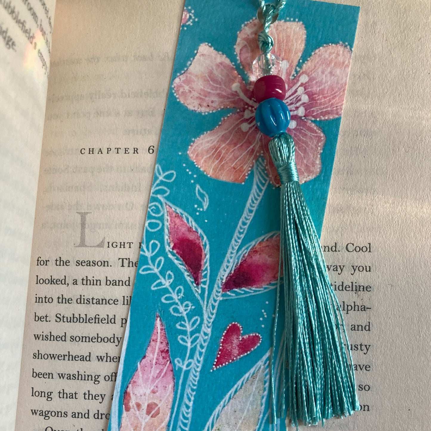 FLORAL BOOKMARK with beaded tassel decoration