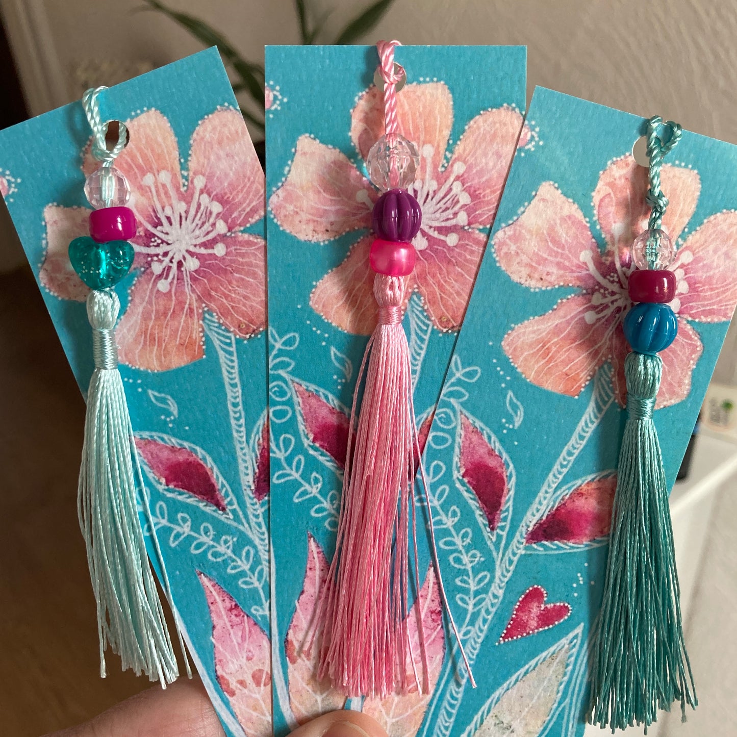 FLORAL BOOKMARK with beaded tassel decoration